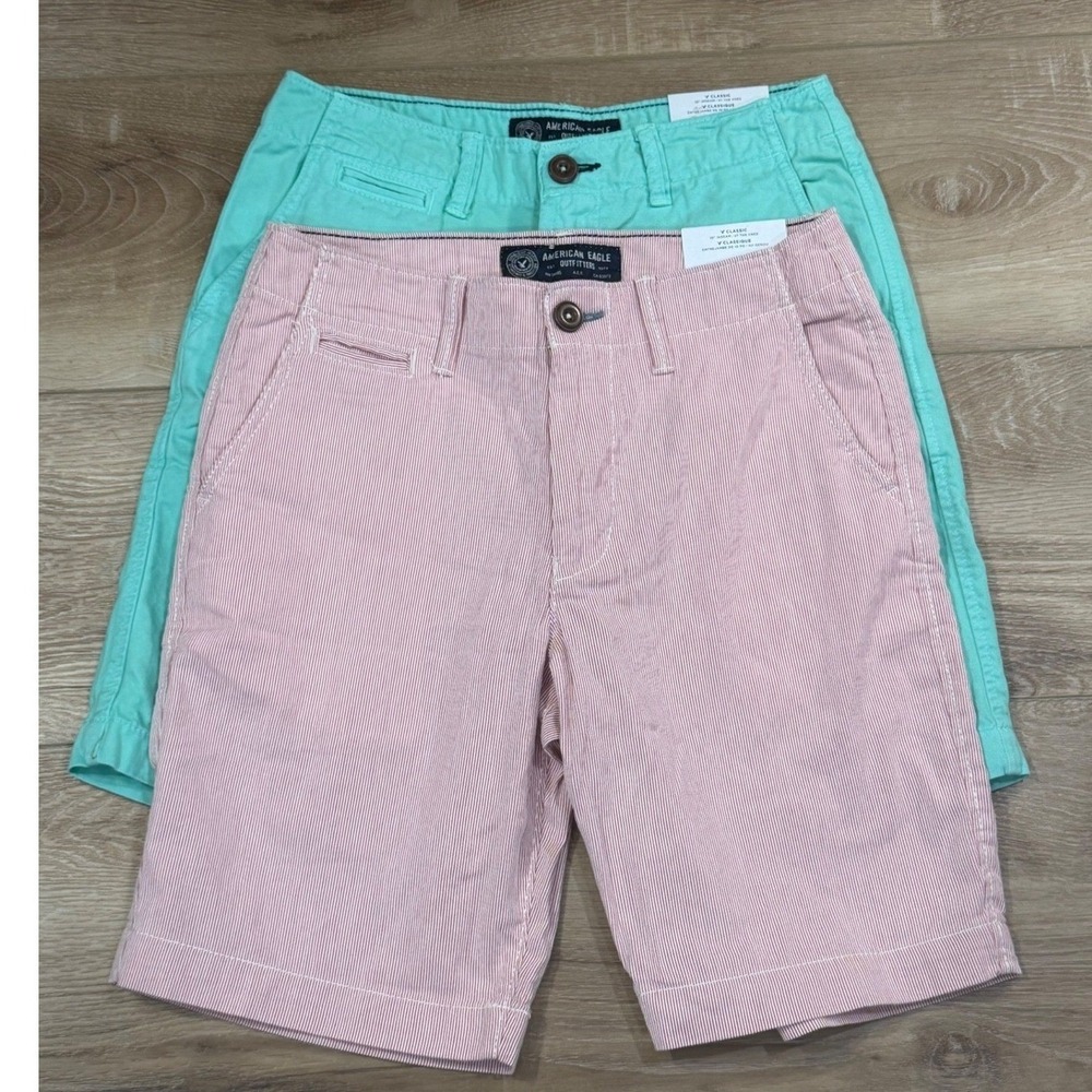 American Eagle Mens 28 Classic Fit 10 Inseam Shorts Lot 2 Mint Green Red Stripe